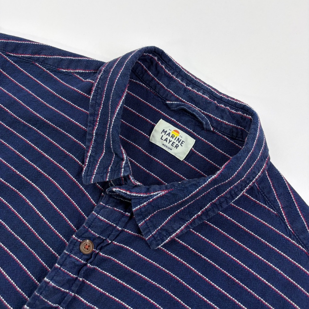 Marine Layer Striped Short Sleeve Button Down Shirt Mens Medium Navy Blue Red